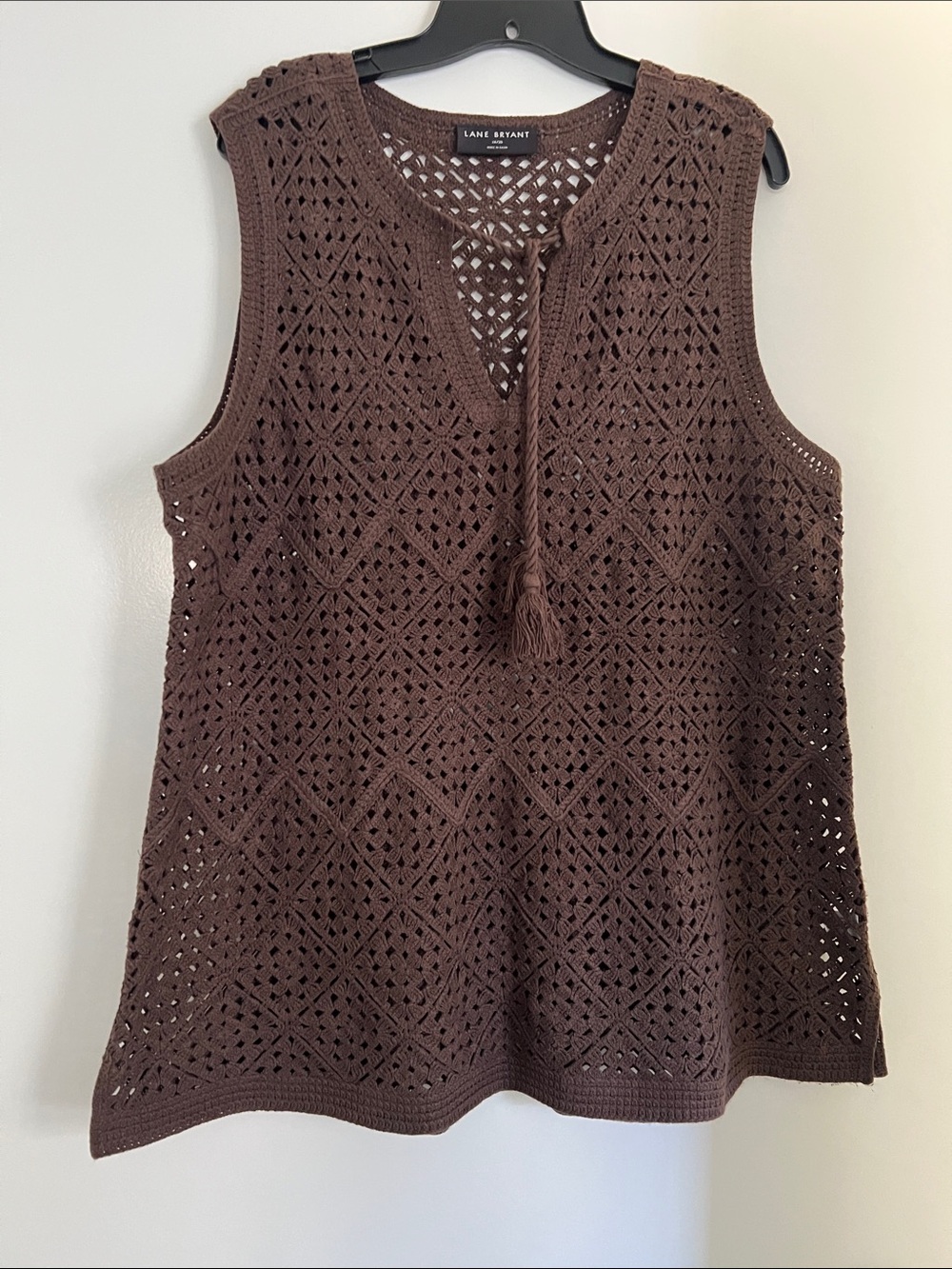 Lane Bryant Chocolate Brown Crochet Tank with Tassel Tie